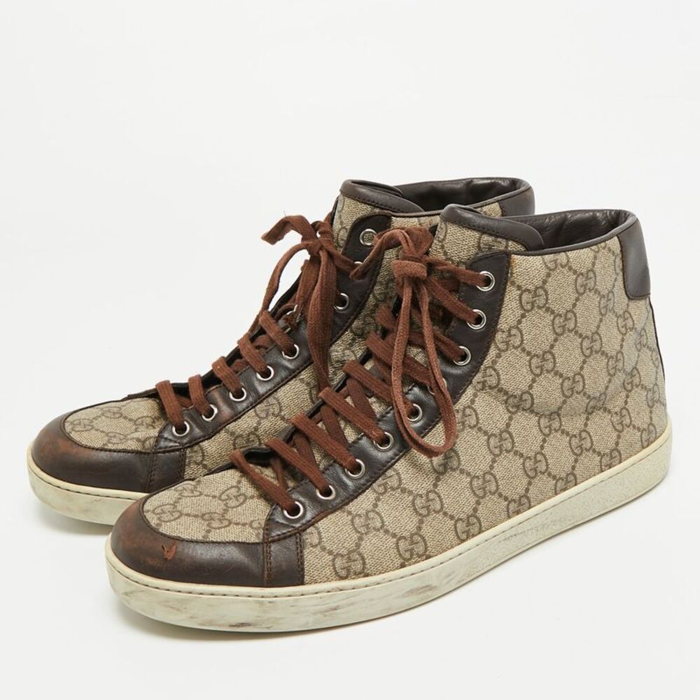Gucci Brooklyn Size 44 Brown/beige Gg Canvas And Leather Supreme High Top - Picture 2 of 7